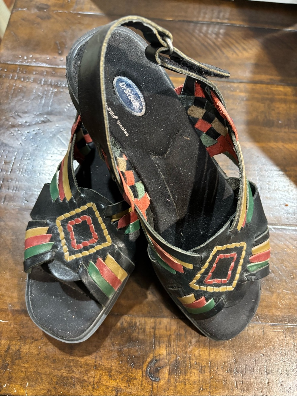 Vintage Dr. Scholl's Black Sandals with Red, Green, Tan Woven Accents